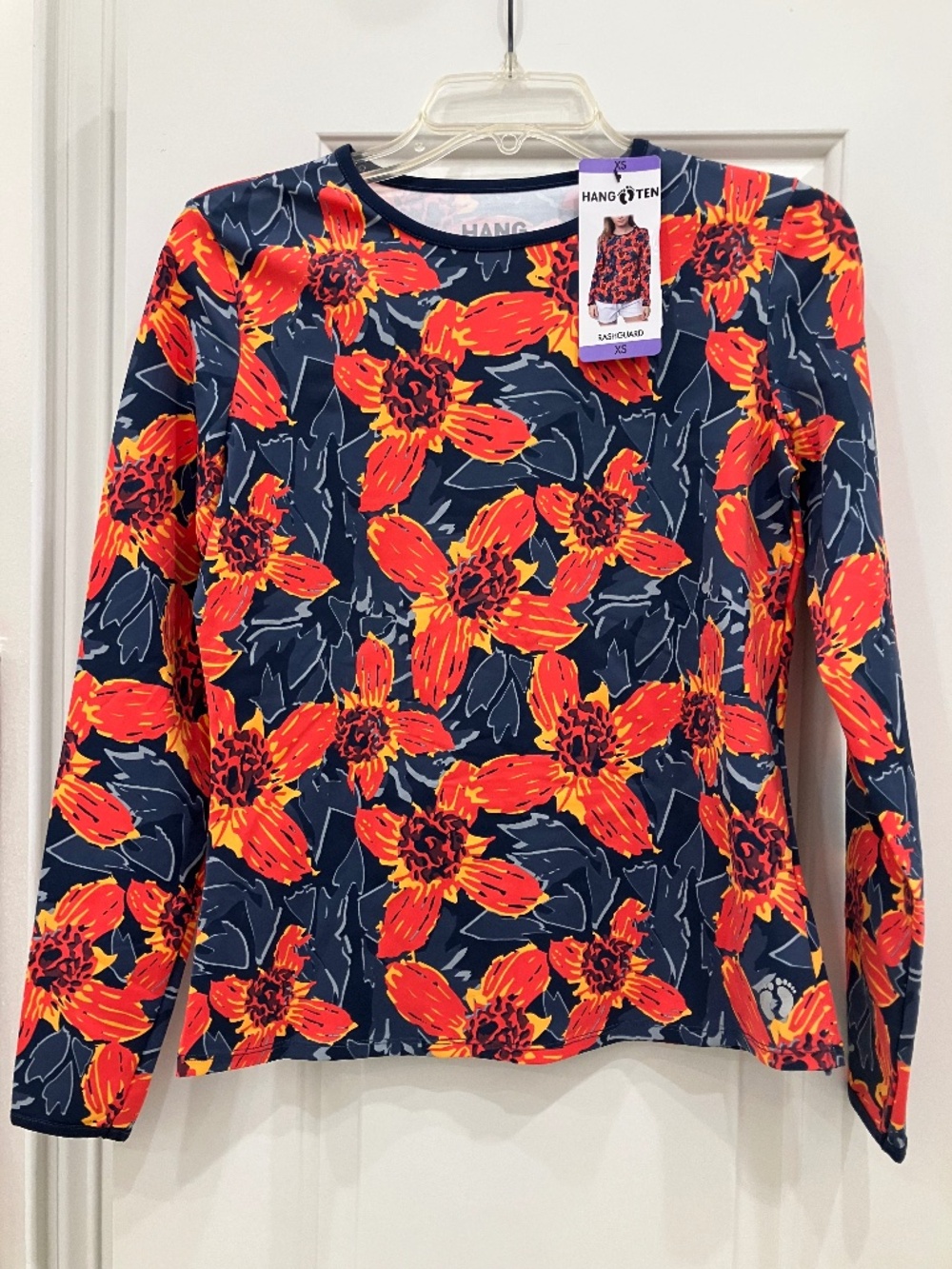 NWT Hang Ten Women’s Long Sleeve Stretch Rash Guard - Floral Red, XS